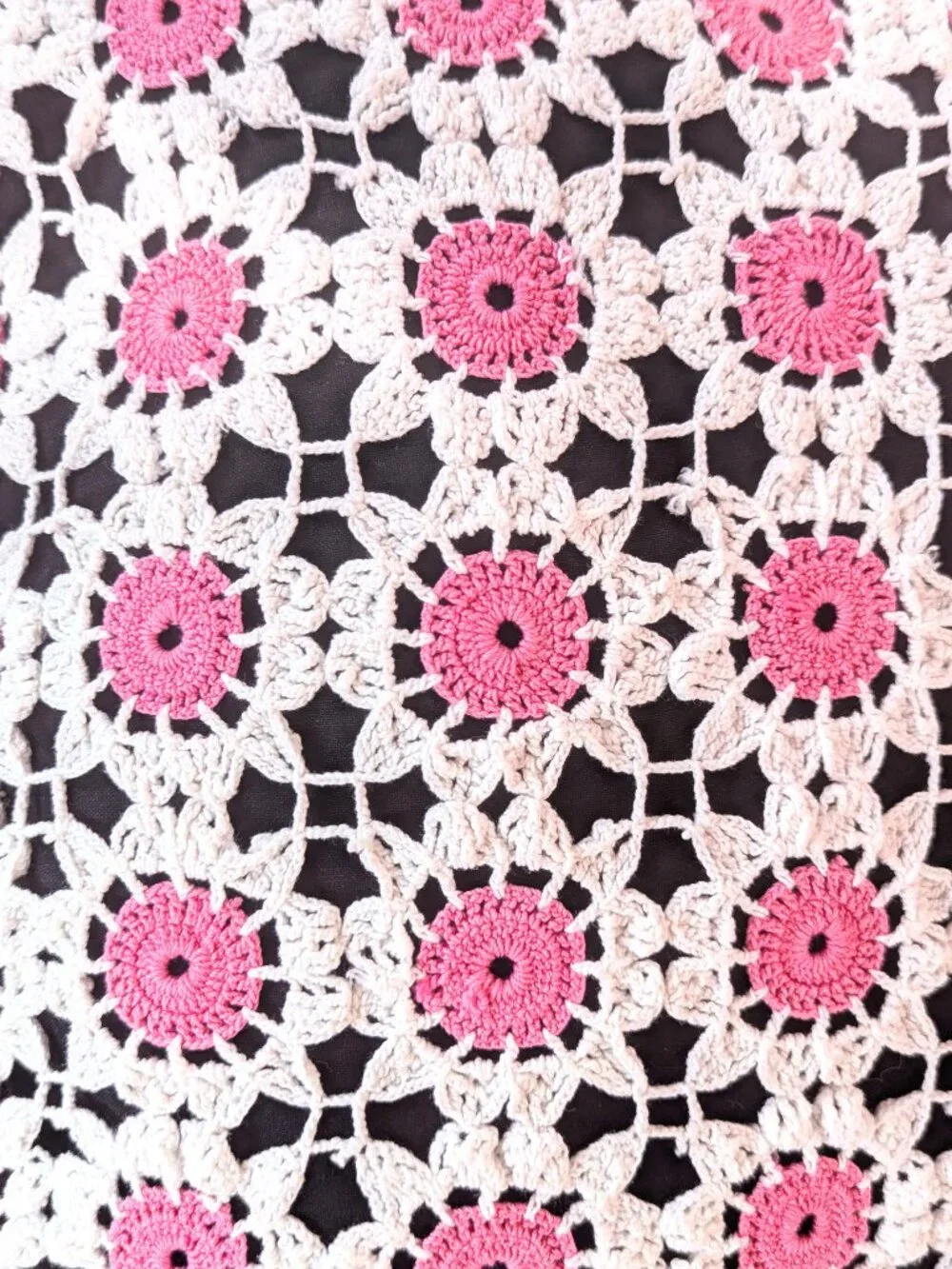 Boho Cottagecore Crochet Quilt ~ Bright Pink/White ~ Hand Crocheted Cotton